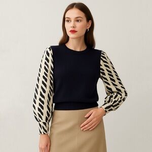 Vintage Alison J. Printed Satin Sleeve Sweater Blouse Black Ivory Small / Medium